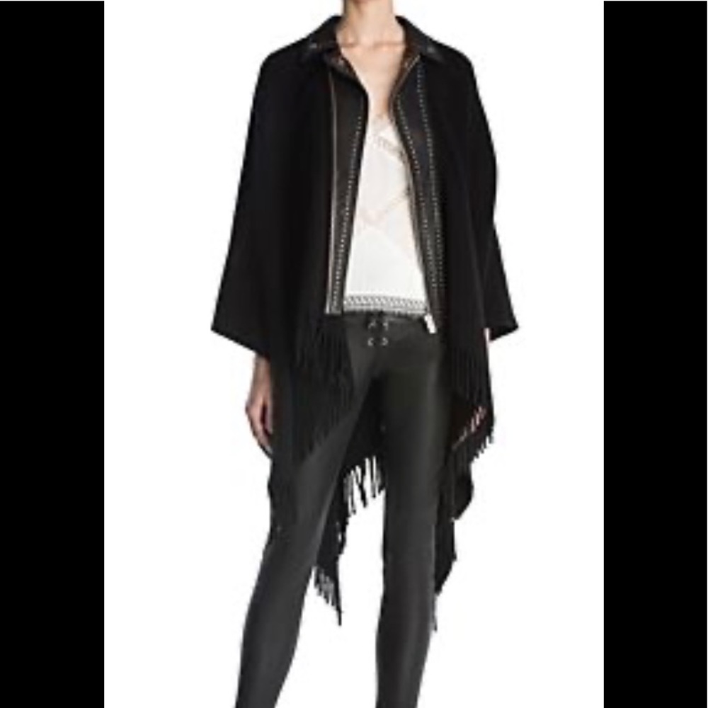 The Kooples NWOT Leather Collar Poncho fringes blk